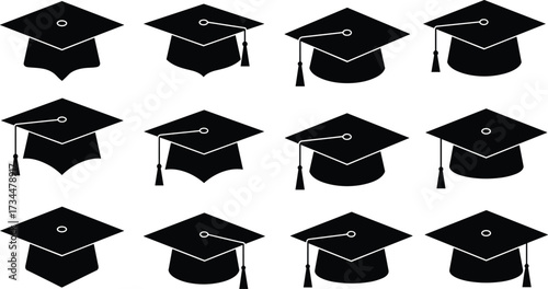 Black silhouette illustration of graduation caps with tassels in multiple positions, academic ceremony symbols, education success, achievement, and university celebration