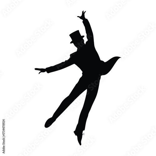 Silhouette of a dancer in a top hat performing a leap