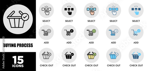BUYING PROCESS icon set with various styles and colors  of corporate sustainability performance for investment screening