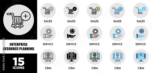 ENTERPRISE RESOURCE PLANNING icon set with various styles and colors  of corporate sustainability performance for investment screening