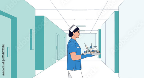 Dedicated healthcare professional carrying medication tray in hospital hallway setting illustration