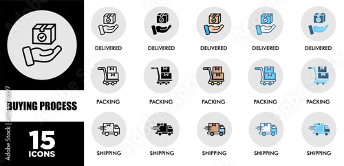 BUYING PROCESS icon set with various styles and colors  of corporate sustainability performance for investment screening