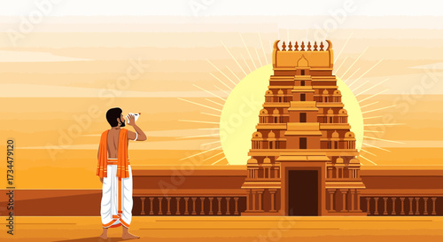 Devotee Blowing Conch Shell at a Majestic Hindu Temple at Sunrise Golden Hue Landscape