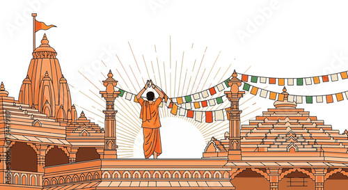 Detailed line art illustration of a Hindu priest meditating at a beautiful temple with prayer