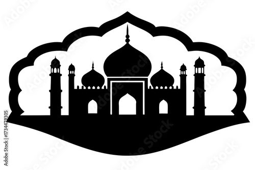 Mosque Silhouette in Ornate Arch Frame - Islamic Architecture Vector