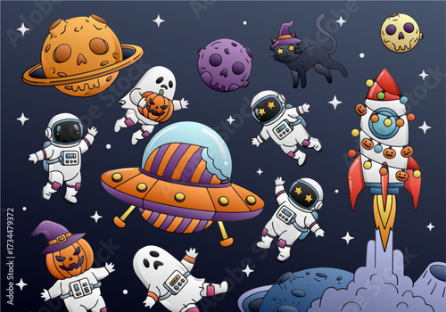 A whimsical interstellar Halloween unfolds as astronaut ghosts, jack-o'-lantern planets, and a festive rocket float through a spooky, starry cosmos