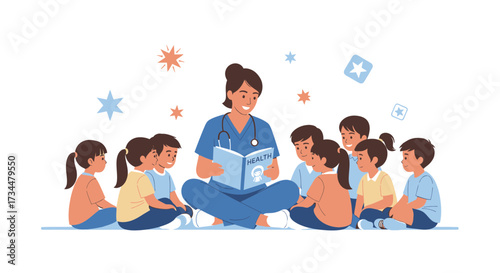 Doctor reading to children, health education for kids in group learning setting