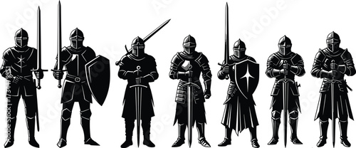 PrintMedieval knight illustration, armored warriors with swords, gothic fighters, silhouette crusaders, heroic soldiers, fantasy knights, black artwork, vintage combat characters, battle ready