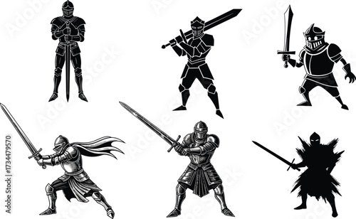 PrintMedieval knight illustration, armored warriors with swords, silhouette knights, gothic fighters, battle stance, fantasy characters, heroic crusaders, vintage warriors, black artwork