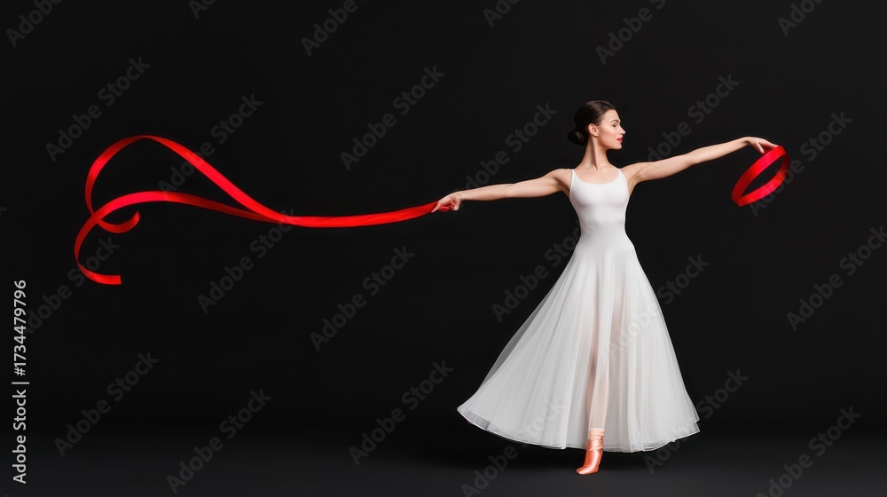 Fototapeta premium A graceful dancer in a flowing white dress elegantly twists a red ribbon against a stark black background.