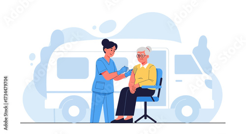 Elderly woman receives vaccine shot from a nurse inside a medical van setting