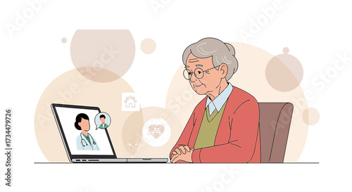 Elderly woman uses laptop for telehealth consultation and communicates with doctor through video