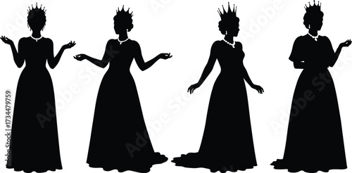 PrintQueen silhouette illustration, royal women in crown, elegant princess figures, vintage queen artwork, regal lady silhouettes, monarchy characters, fantasy royalty, noble women
