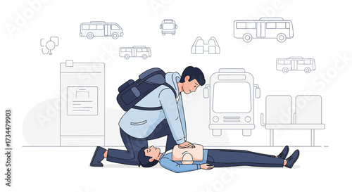 Emergency First Aid Illustration: Performing CPR on a Person at a Bus Station Scenery