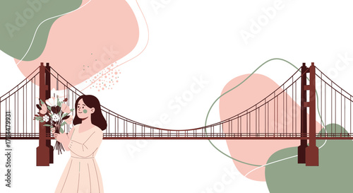 Elegant woman with flowers at Golden Gate Bridge stylish vector illustration art