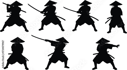 PrintSamurai silhouette poses, traditional warrior stances, Japanese martial arts, katana sword training, ninja fighter shadows, combat action, bushido culture, warrior illustration