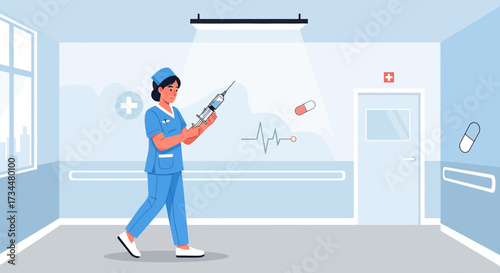Female nurse preparing injection in hospital corridor vector illustration design