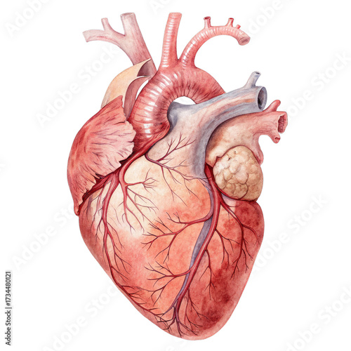 Watercolor Anatomical Illustration of a Human Heart with Arteries and Veins anatomy medical isolated on a transparent background