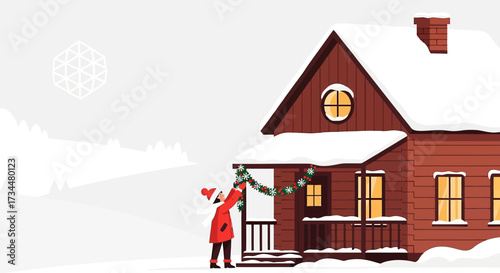 Festive cheer: Woman decorating cozy winter house with garland for christmas celebration
