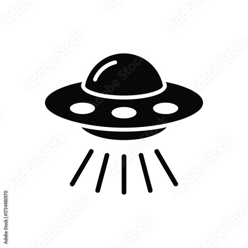 Black silhouette of a classic flying saucer with lights and beams