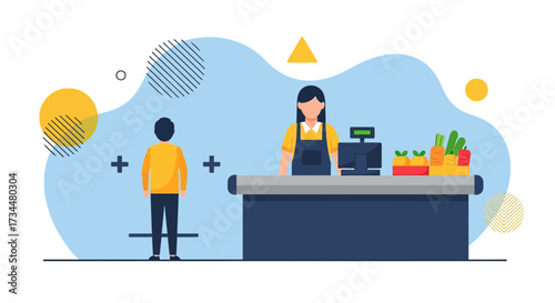 Flat vector illustration of a customer buying groceries at the supermarket counter, with social