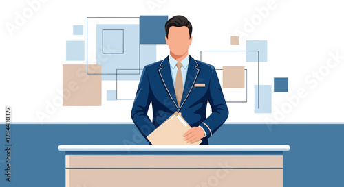 Formal presentation by a businessman in a suit presenting a business idea and holding a folder in