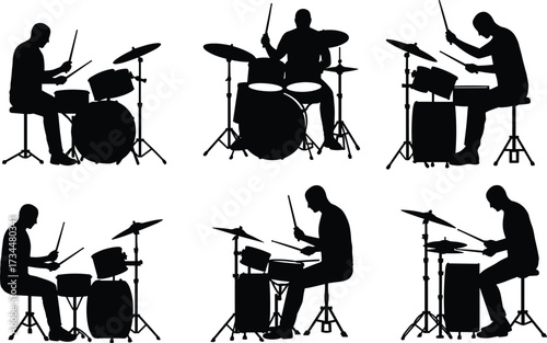 PrintSilhouette of drummer playing drum kit, musician with drumsticks, band percussionist on stage, live concert performance, music entertainment isolated illustration