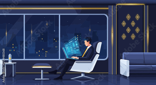 Futuristic business man in modern office working with digital interface on laptop