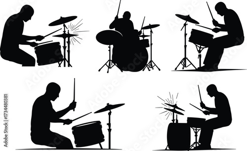 PrintSilhouette of drummer playing drums, musician with drumsticks performing on stage, percussion artist in concert, music entertainment, isolated band illustration