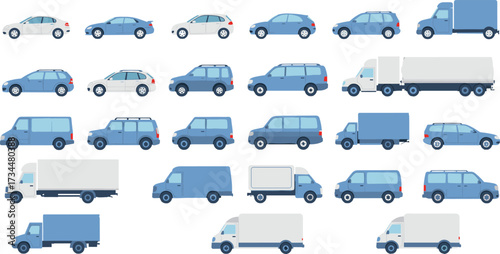 Collection of cars, SUVs, vans, and trucks in side profile vector illustrations, showcasing transportation, automotive design, and vehicle classification