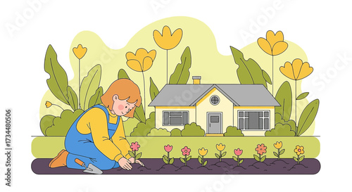 Girl gardener planting flowers in her home garden on a sunny day bringing joy and growth