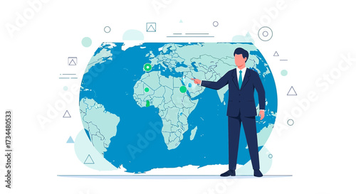 Global business expansion strategy presentation with a world map and executive