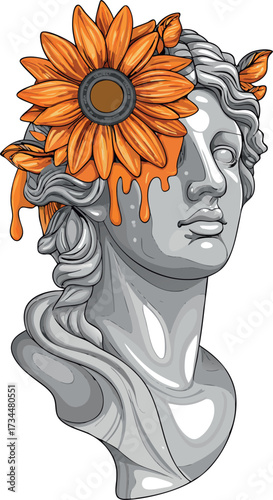 A stylized silhouette of a man's head with a tattoo and a woman's profile face showing beauty, art, and a flower in her hair, rendered as a vector illustration