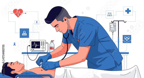 Healthcare professional examining patient with digital health icons in medical setting