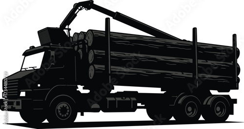 PrintSilhouette of logging truck with timber load, forestry transportation vehicle, heavy industrial cargo truck, crane machine, wood transport, construction logistics