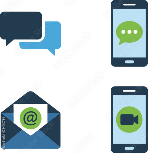 Communication & Business Icons: Chat, Email, Video Call, Laptop, Calendar, and Coffee Vector