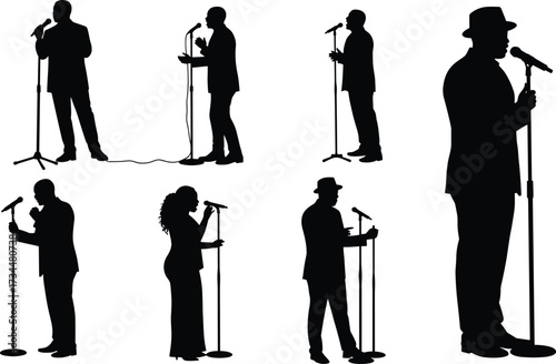 PrintSilhouette of male and female singers performing with microphone, stage concert artist poses, music entertainment show, professional musician isolated illustration