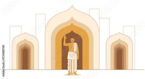 Hindu priest blessing in front of traditional architecture with arched gateways in beige tones
