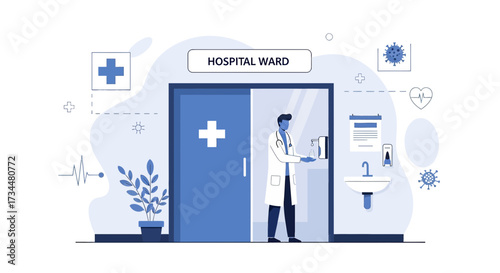 Hospital ward illustration with doctor sanitizing hands and medical icons display