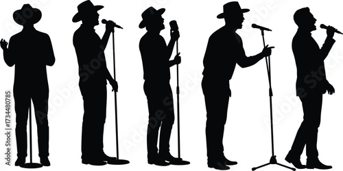 PrintSilhouette of male singers performing, men with microphone and stand, music concert pose, artist singing, entertainment stage, musician isolated illustration