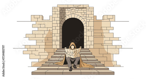 Hooded figure with a map sitting on stone steps, gateway entrance background