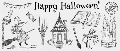 Hand drawn Happy Halloween holiday symbols. Witch on broomstick, potion bottles, opened vintage book, melted candles and ghost. Vector sketch illustration in vintage crayon charcoal style