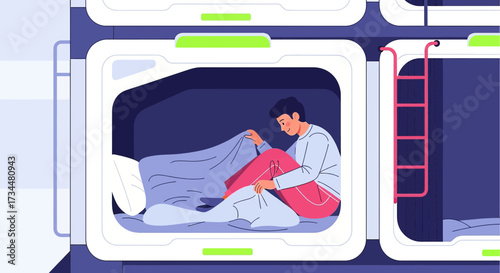 Illustration depicting a man arranging bedding inside a futuristic capsule hotel room