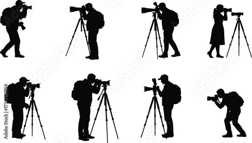 PrintSilhouette of photographers with cameras, tripod, backpack, taking pictures, professional photography equipment, vector illustration, isolated on white background