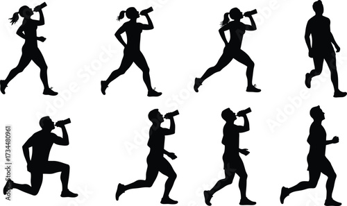 PrintSilhouette of runners drinking water, fitness jogging, hydration exercise, man and woman workout, healthy lifestyle, sports training, gym illustration design