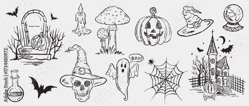 Hand drawn horror magic Halloween objects. Witchcraft set. Vector sketch illustration in vintage crayon charcoal style. Human skull in witch hat. grave, haunted castle, carved pumpkin