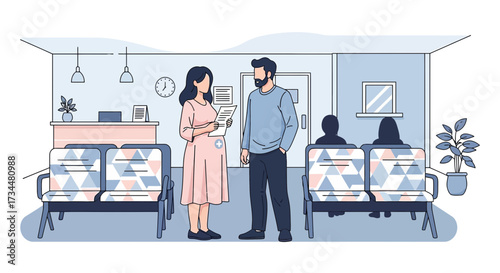 Illustration depicting a medical consultation in a clinic waiting room setting with staff and