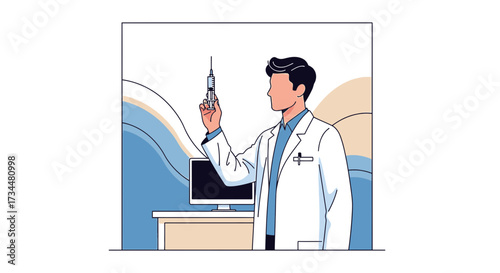 Illustration depicting a medical doctor holding syringe with modern clinic backdrop in blue tones