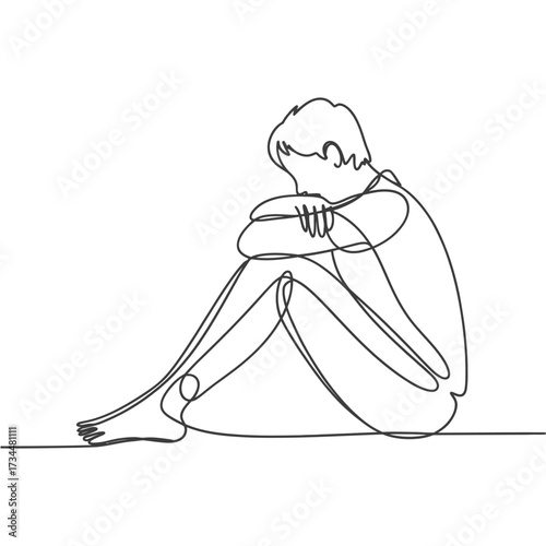Solitary figure in minimalist line art embracing knees