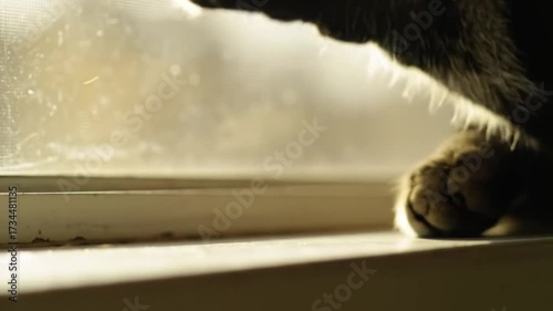 Close-up of a domestic cat's paw resting on a windowsill, bathed in warm, soft morning sunlight.
